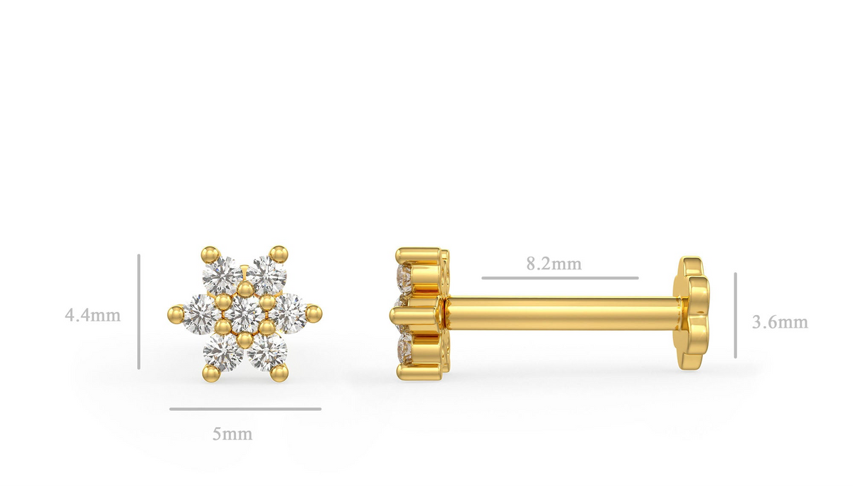 Yellow gold nose stud with measurements