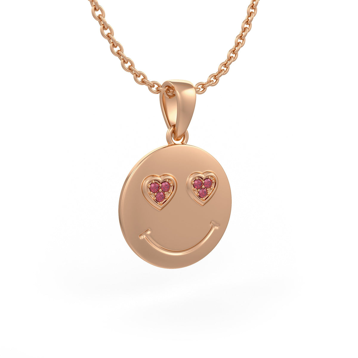 Rose gold smiley face pendant with heart shaped gemstones