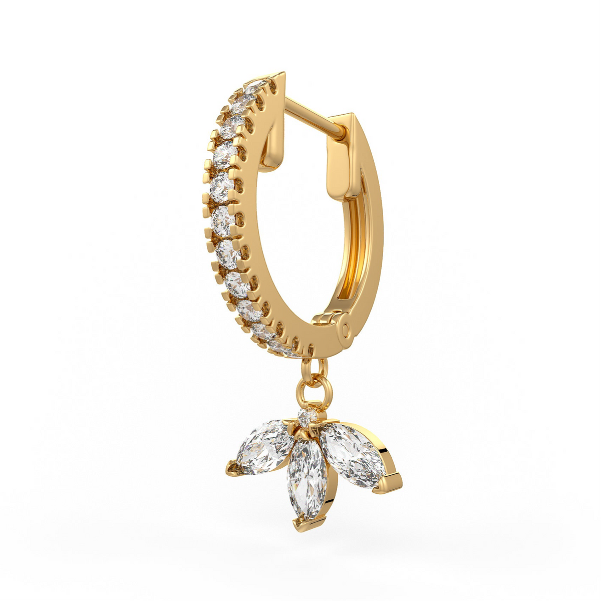 Boucle d'oreille unique créole en or jaune 18 carats sertie d'un diamant taille marquise en forme de lotus (0,46 carat).