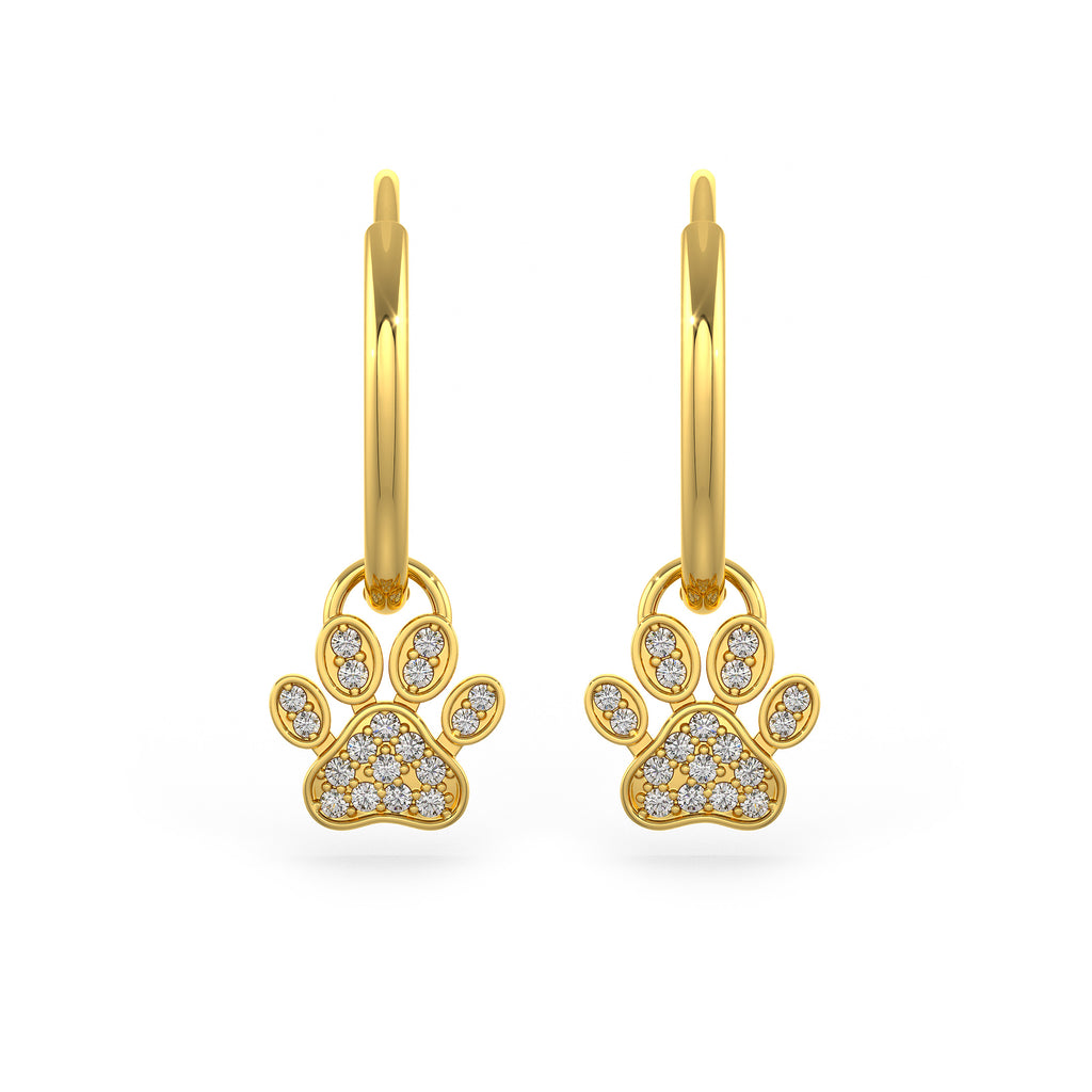 Diamond Paw Charm Hoop Earrings Yellow Gold