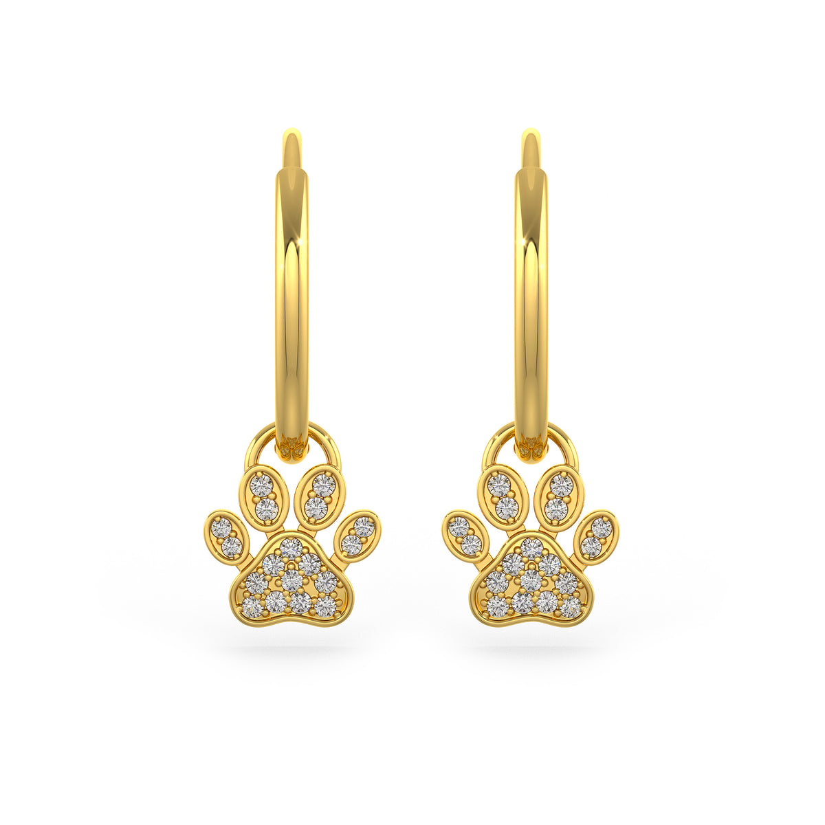 Diamond Paw Charm Hoop Earrings Yellow Gold