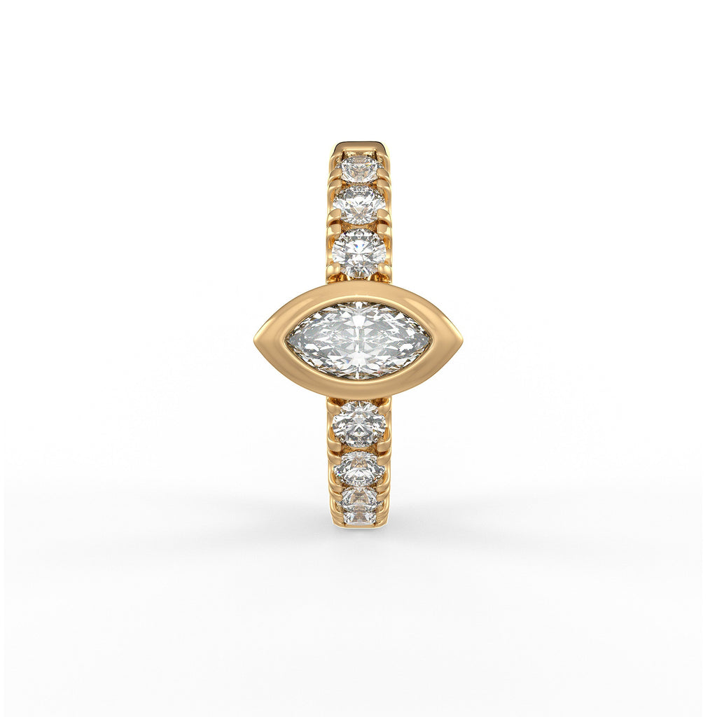 Boucles d'oreilles créoles en or jaune 18 carats, serties d'un diamant solitaire marquise de 0,50 carat (à l'unité), serties sur toute la longueur (12 mm), à porter au cartilage ou au lobe.