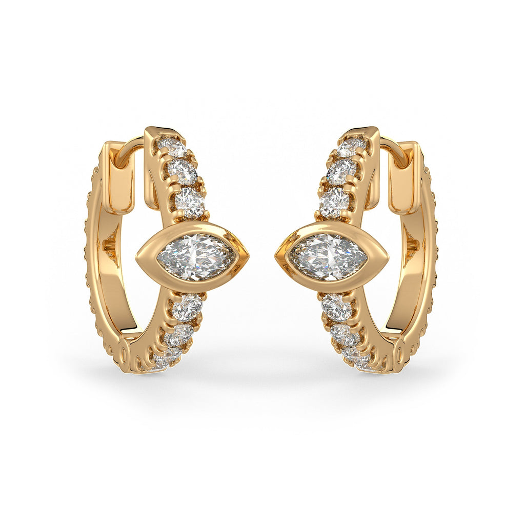 Boucles d'oreilles créoles en or jaune 18 carats serties d'un diamant solitaire marquise de 1 carat (paire), à ​​porter au cartilage ou au lobe.