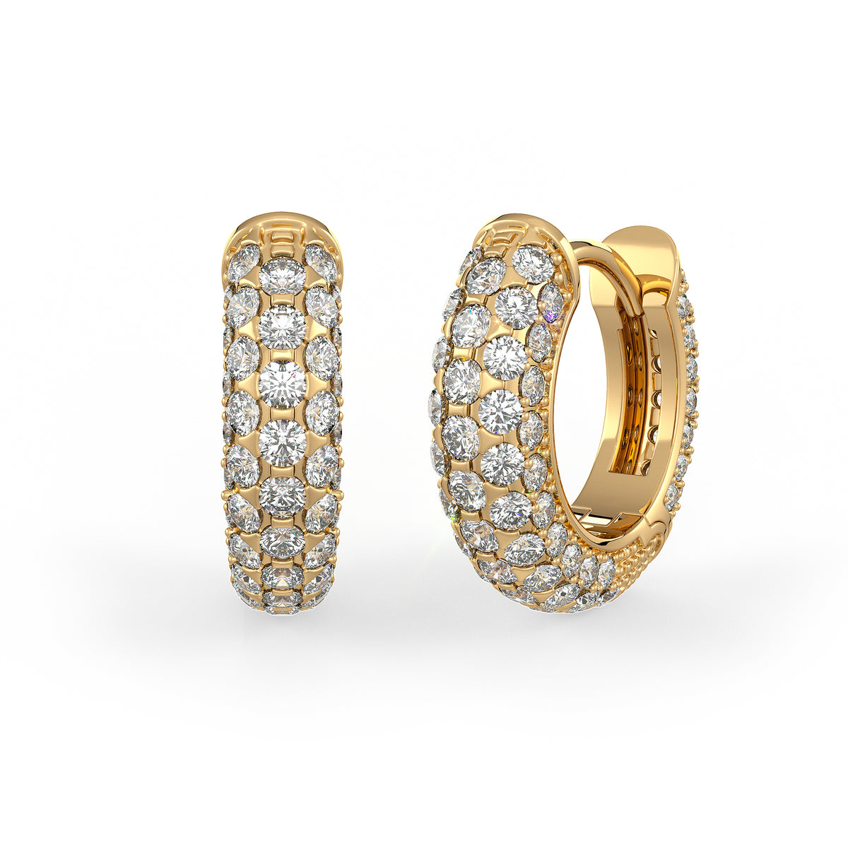  Orecchini a cerchio con 5 file di diamanti da 1,60 ct, con chiusura a scatto da 10 mm, in oro giallo 18 ct, con pavé di diamanti e cartilagine.