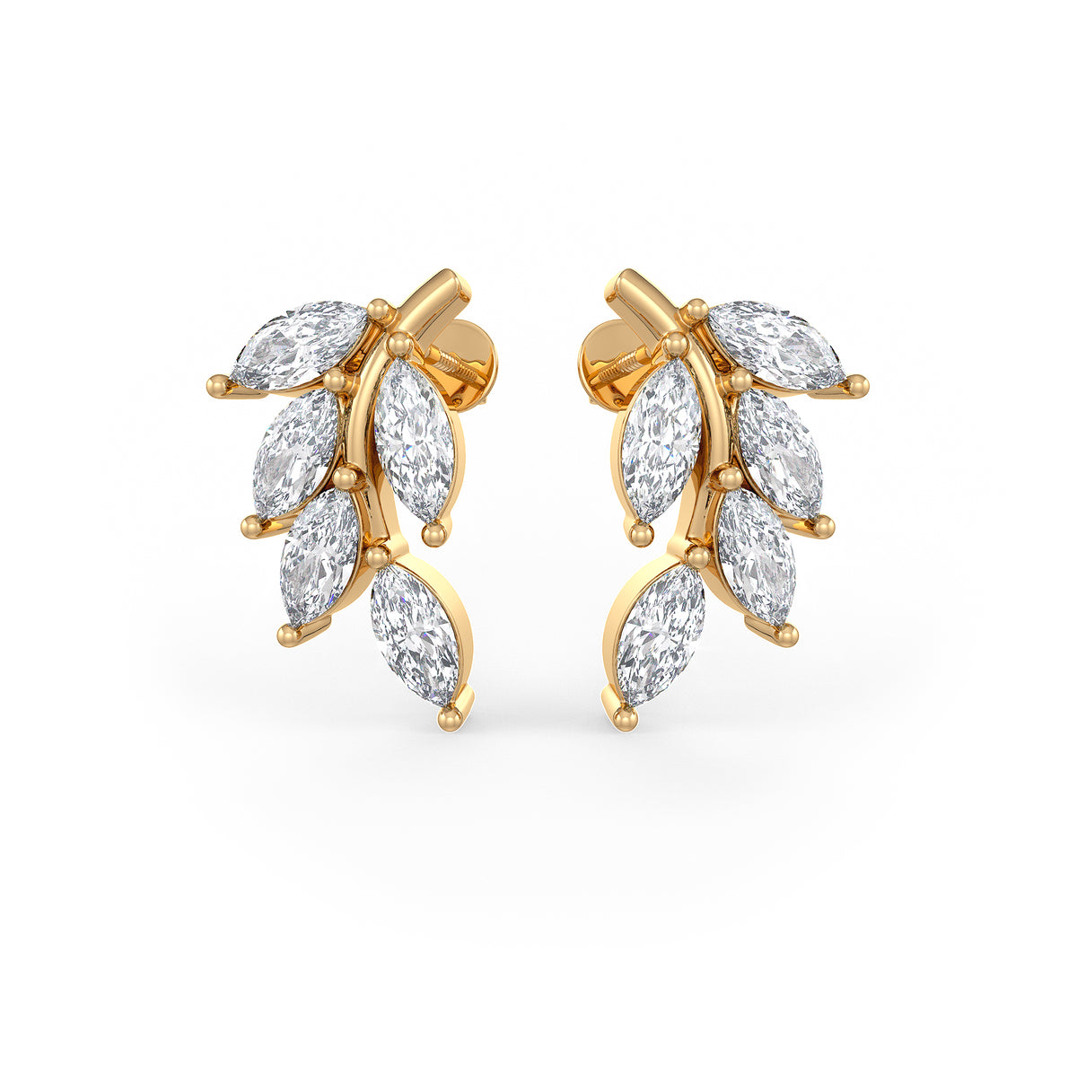 Gold earrings with diamond stones on a white background