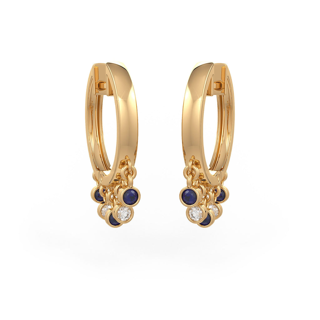 Sapphire diamond hoops with bezel dewdrop charms