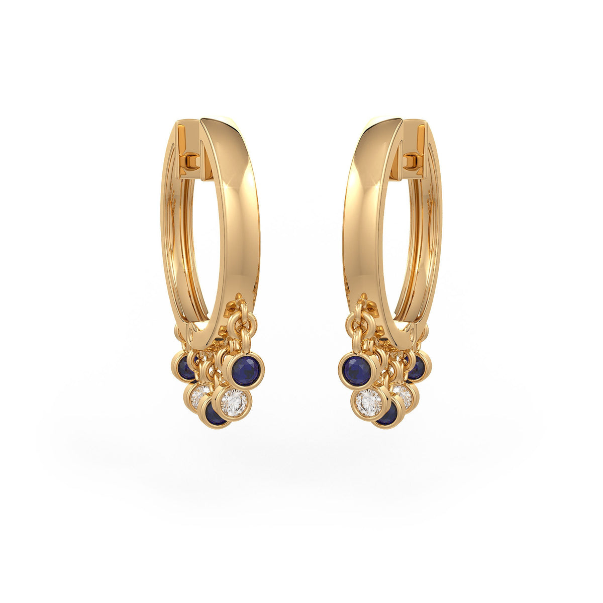 Sapphire diamond hoops with bezel dewdrop charms