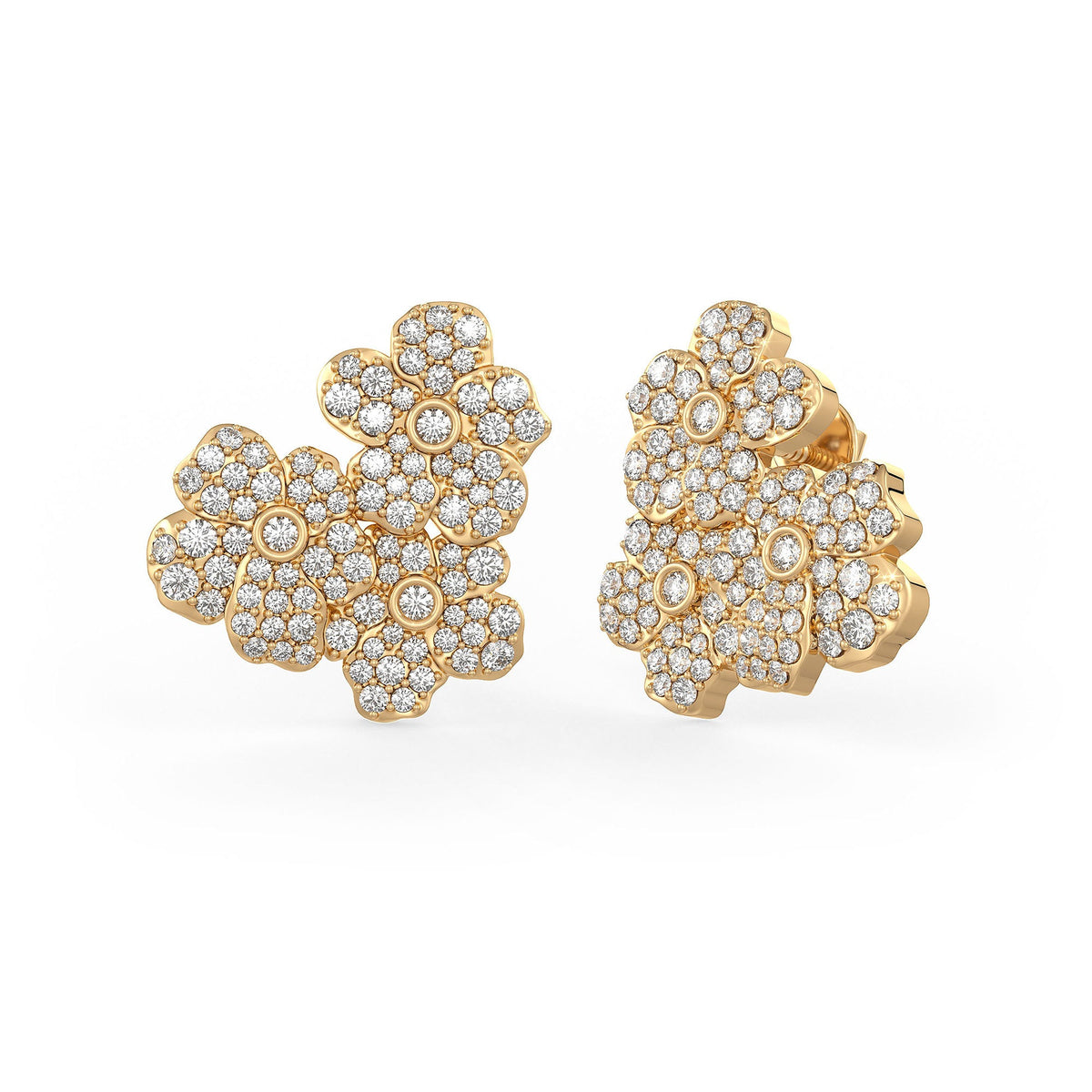Gold floral earrings with diamond accents on a white background