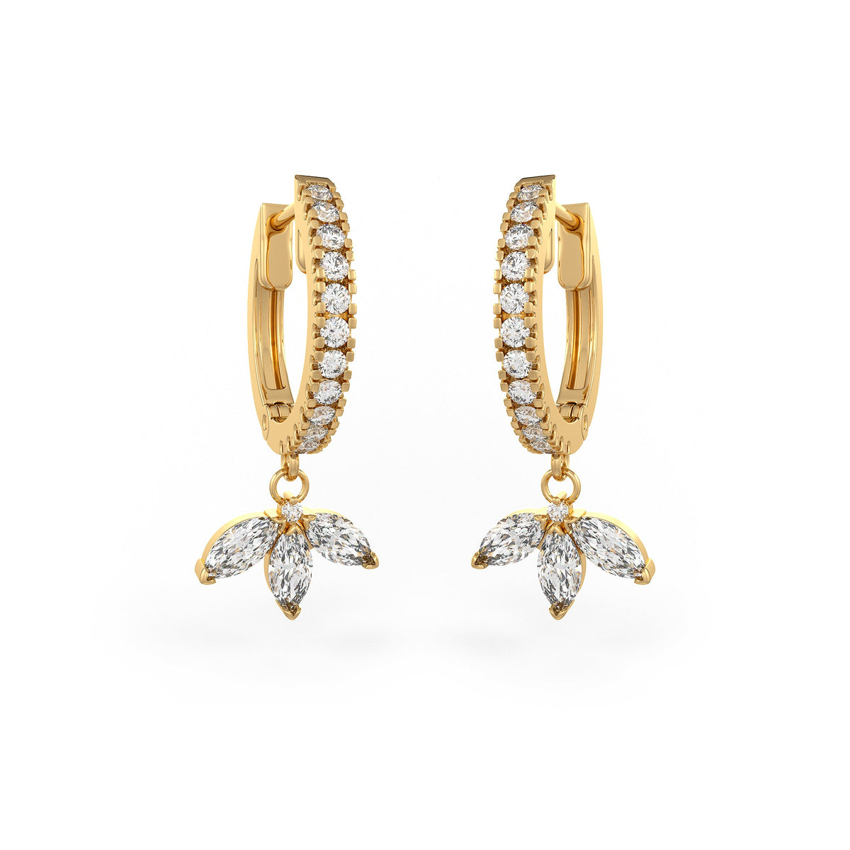 Boucles d'oreilles créoles en or jaune 18 carats serties de diamants et ornées d'un pendentif lotus taille marquise de 0,92 carat (paire complète)