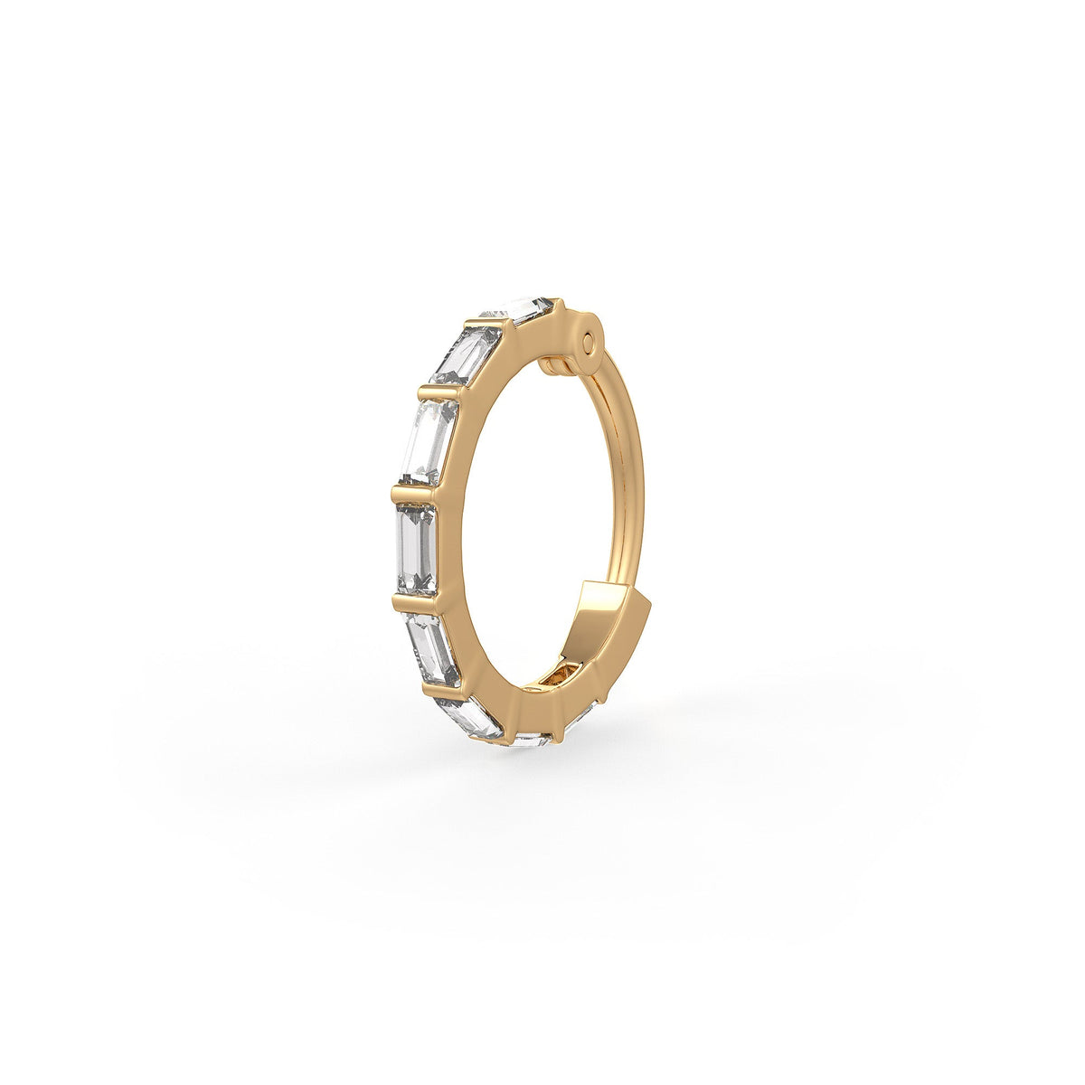 Gold hoop earring with baguette cut gemstones on a white background