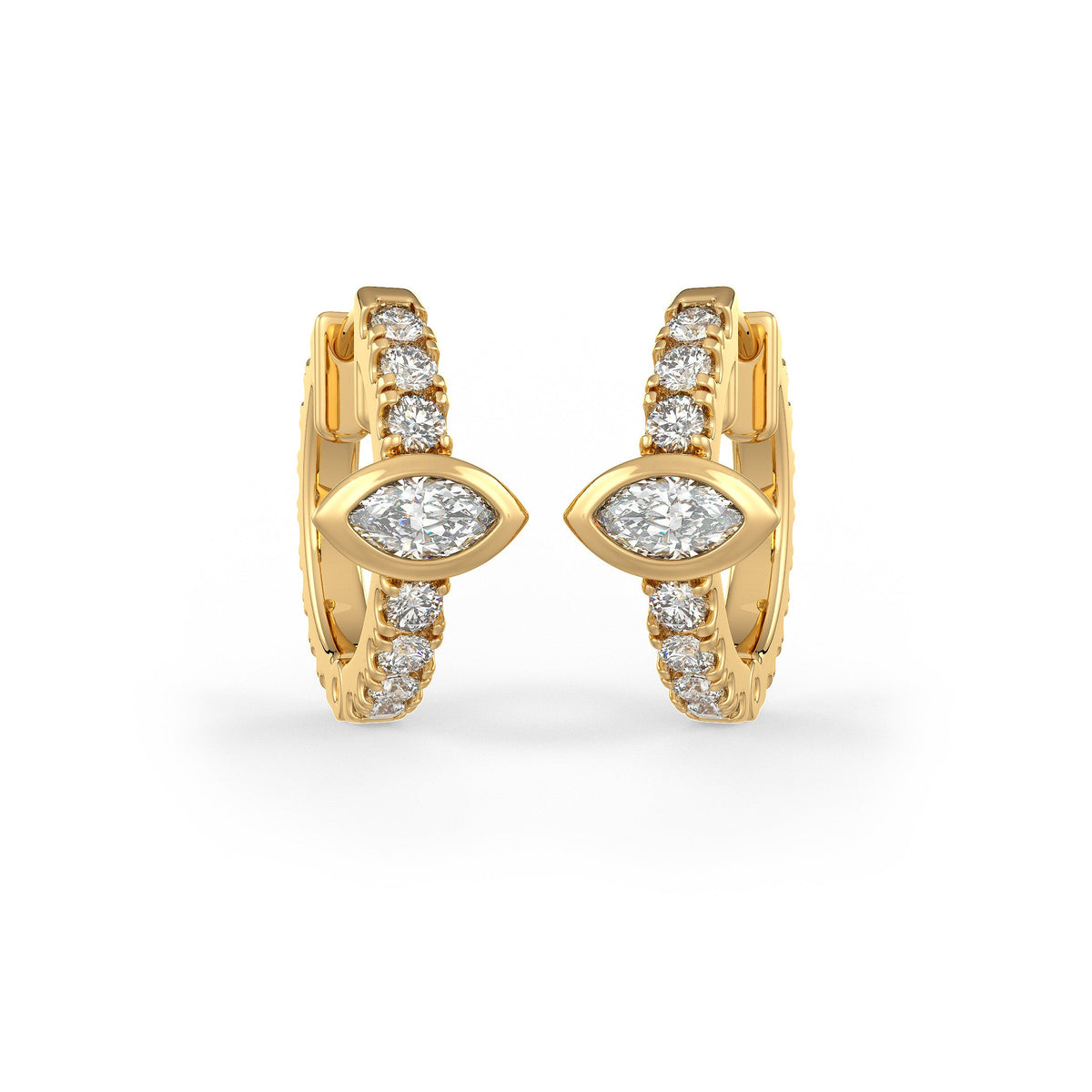 Boucles d'oreilles créoles en or jaune 18 carats serties de diamants (10 mm), solitaire marquise de 0,70 carat (paire)