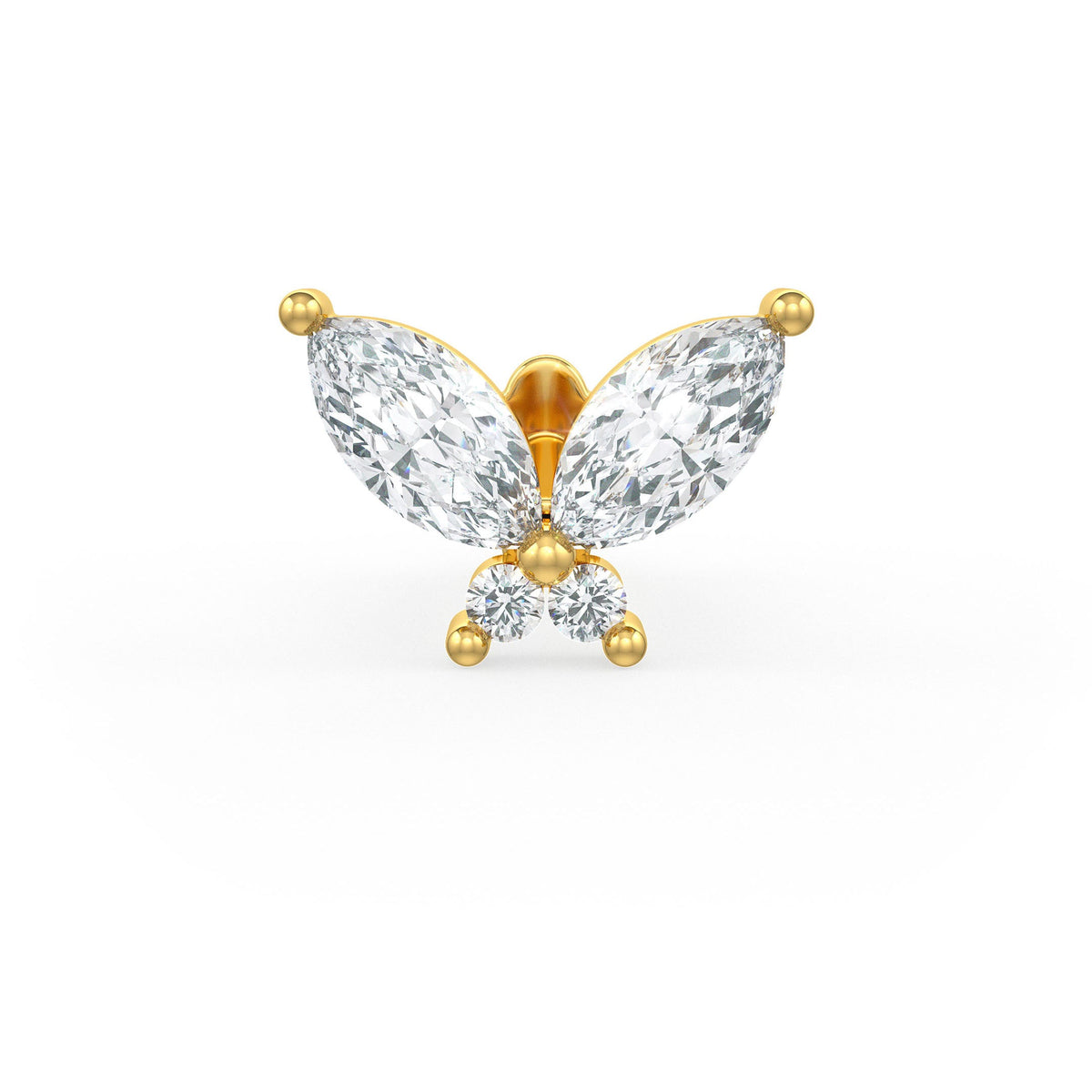 Gold butterfly-shaped nose stud with clear gemstones on a white background