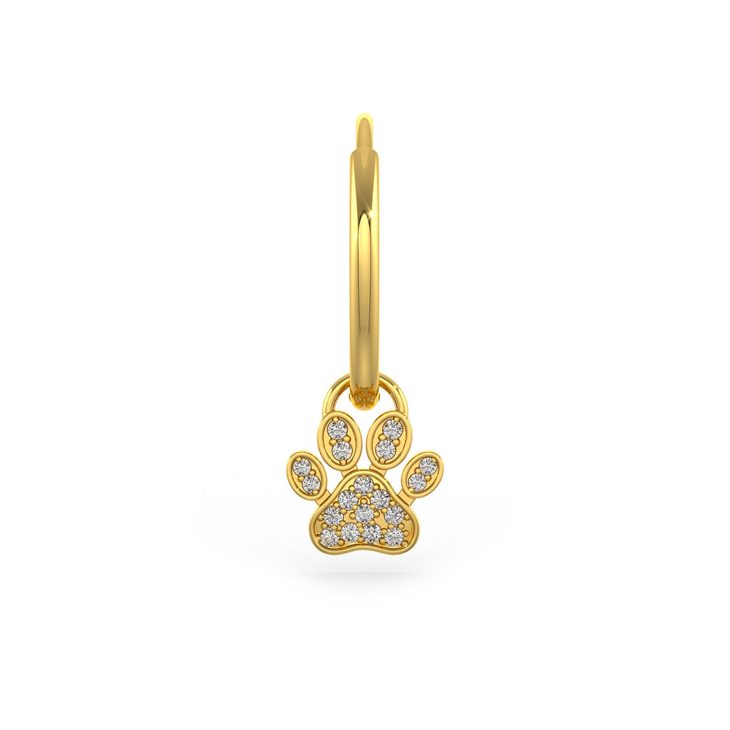 Diamond Paw Charm Hoop Earrings Yellow Gold