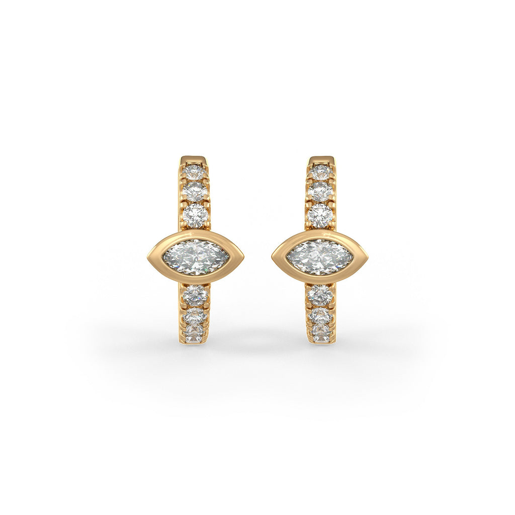 Boucles d'oreilles créoles en or jaune 18 carats, serties d'un diamant solitaire marquise de 0,35 carat (à l'unité), serties sur toute la longueur (10 mm), à porter au cartilage ou au lobe.