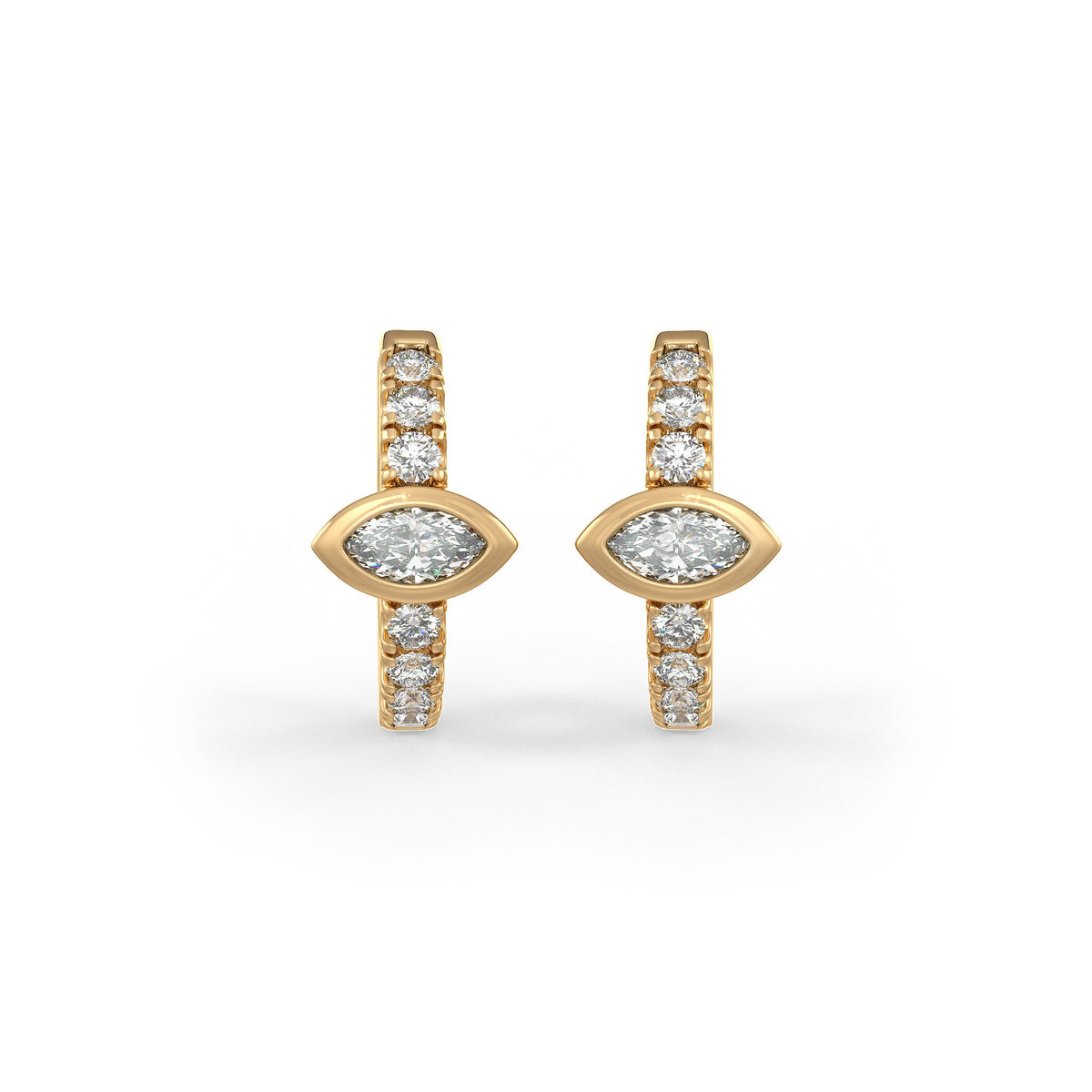 Boucles d'oreilles créoles en or jaune 18 carats, serties d'un diamant solitaire marquise de 0,35 carat (à l'unité), serties sur toute la longueur (10 mm), à porter au cartilage ou au lobe.