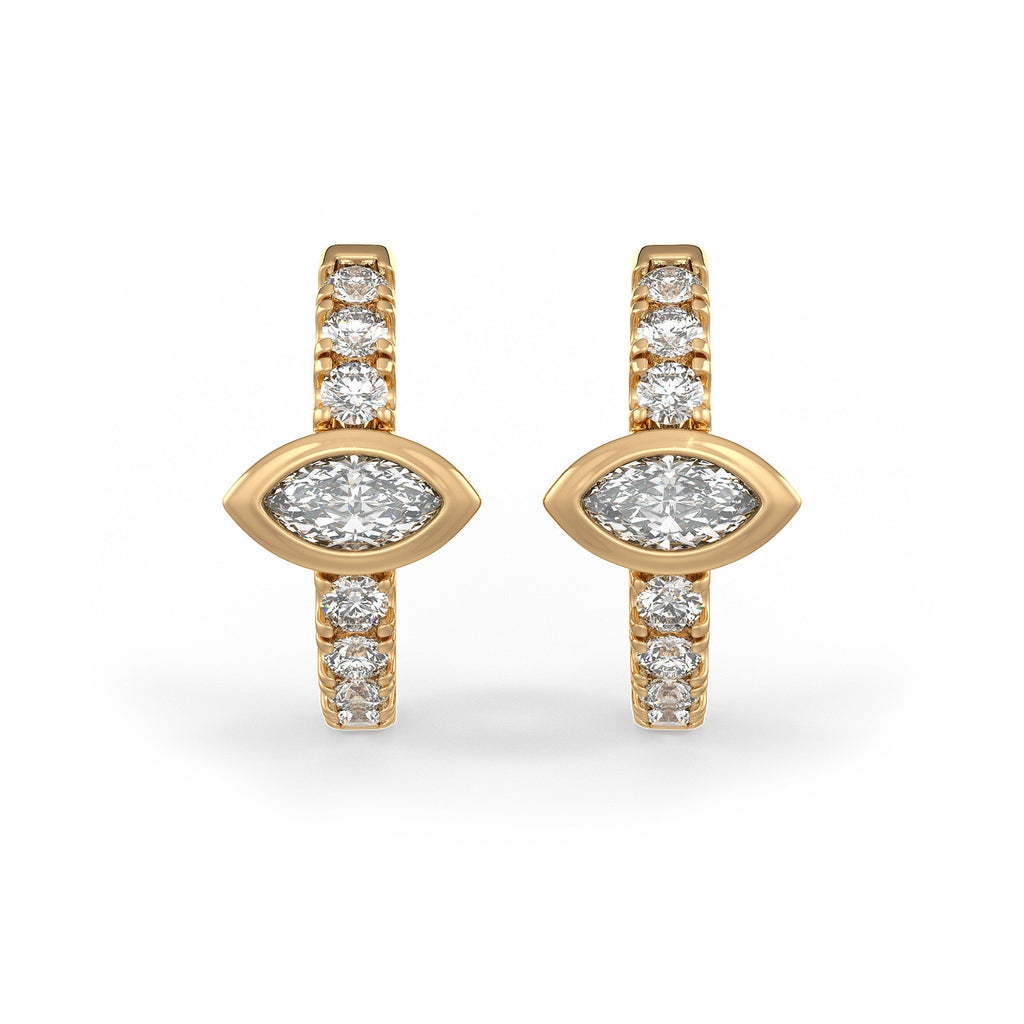 Boucles d'oreilles créoles en or jaune 18 carats serties d'un diamant solitaire marquise de 1 carat (paire), à ​​porter au cartilage ou au lobe.