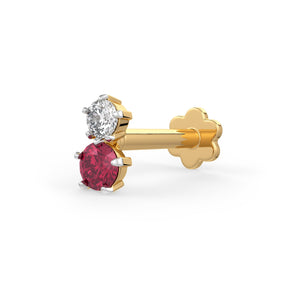 Diamond Ruby Nose Pin 18ct Yellow Gold stud Toi et Moi