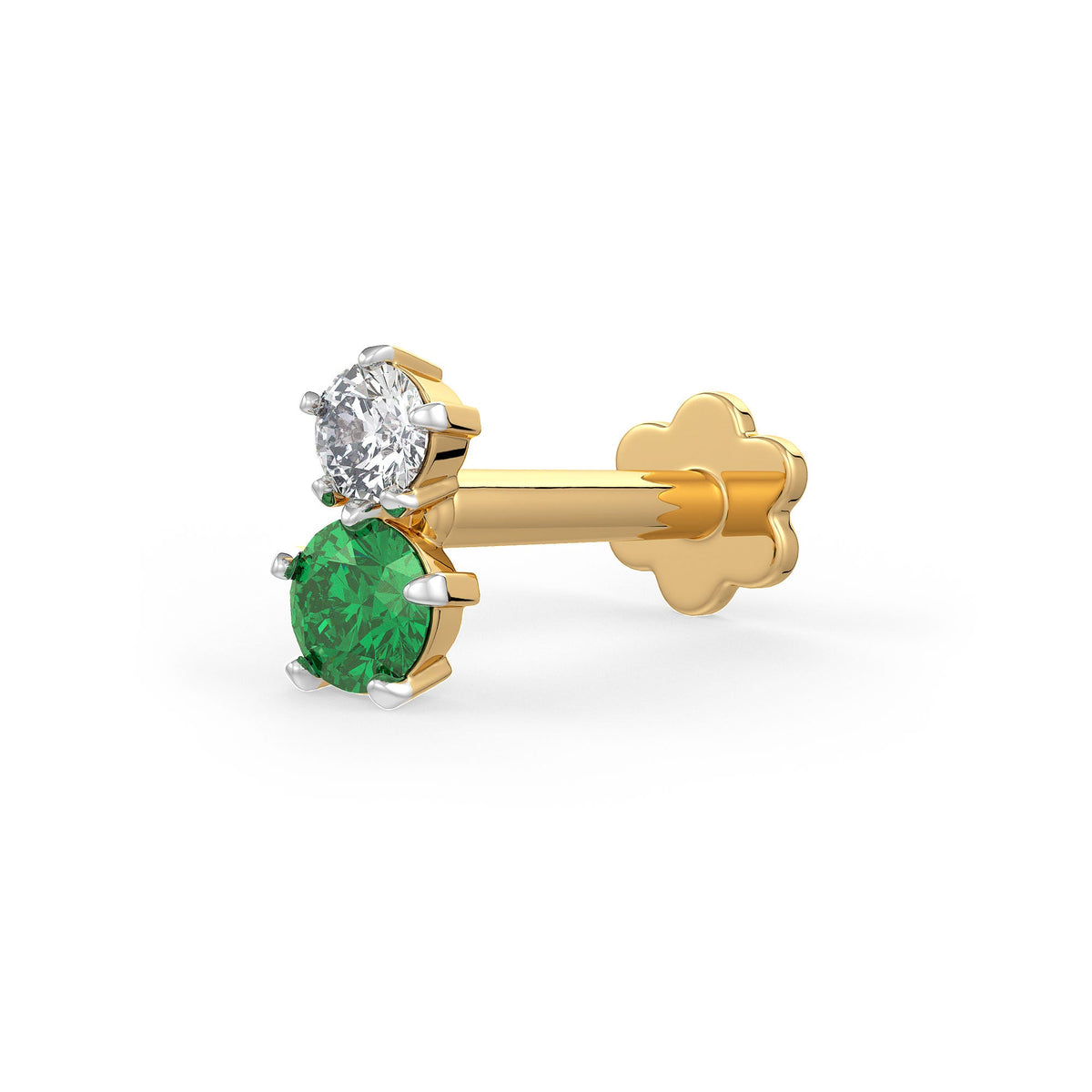 Toi et Moi emerald and diamond nose pin with two gemstone design