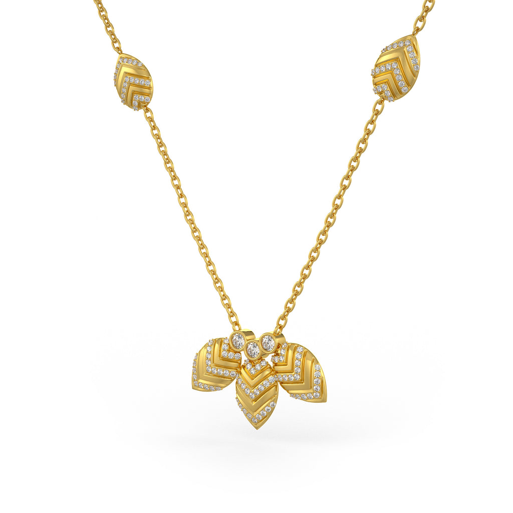 Collier en or jaune 18 carats serti de diamants de 1,20 ct, motif de pétales de nénuphar.