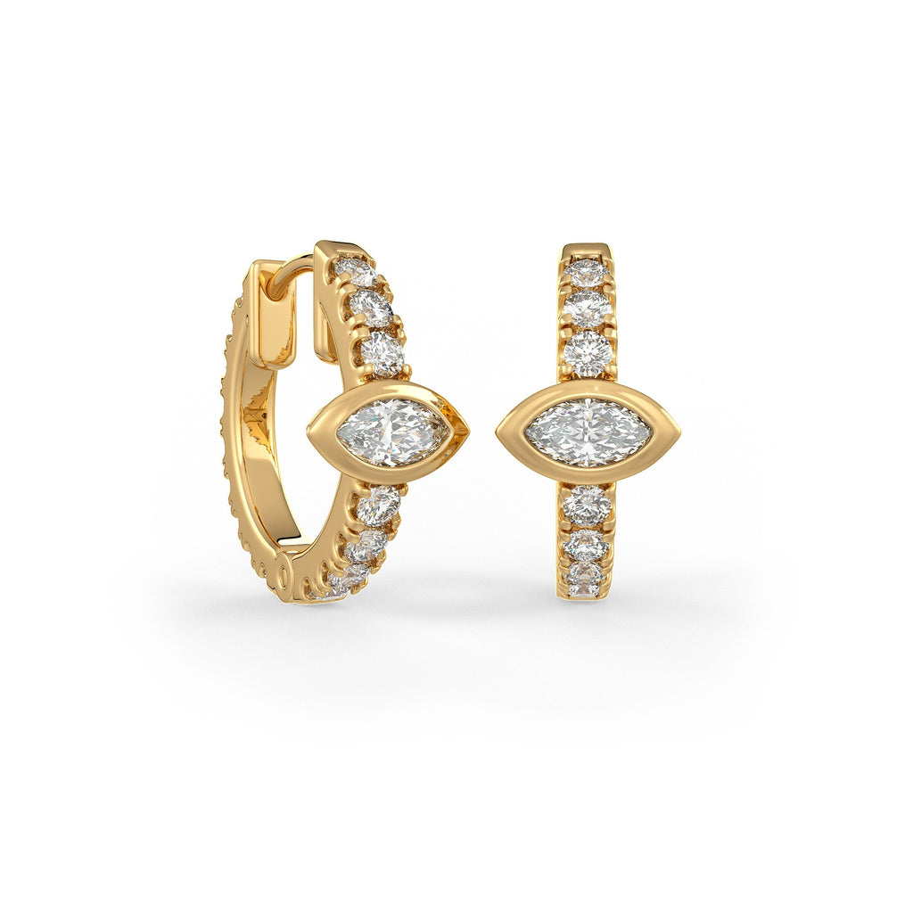 Boucles d'oreilles créoles en or jaune 18 carats serties de diamants (10 mm), solitaire marquise de 0,70 carat (paire)