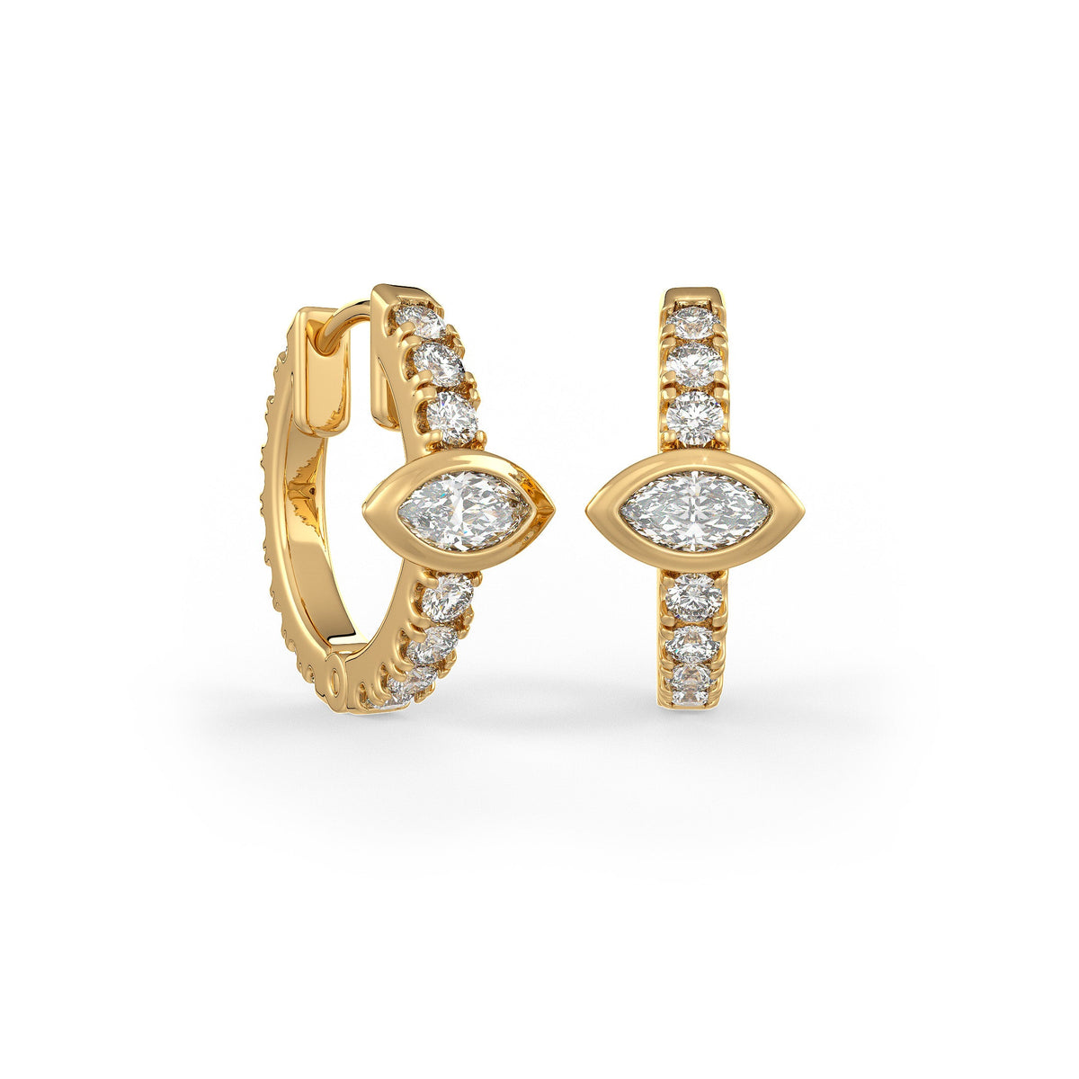Boucles d'oreilles créoles en or jaune 18 carats serties de diamants (10 mm), solitaire marquise de 0,70 carat (paire)