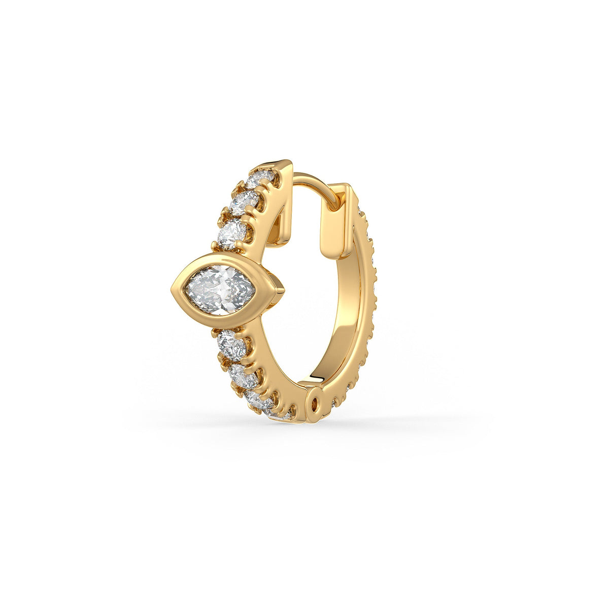 Boucles d'oreilles créoles en or jaune 18 carats serties de diamants (10 mm), solitaire marquise de 0,70 carat (paire)