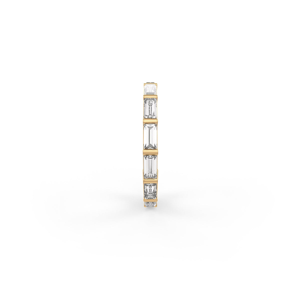 A slim vertical diamond band ring featuring baguette-cut diamonds in a yellow gold setting