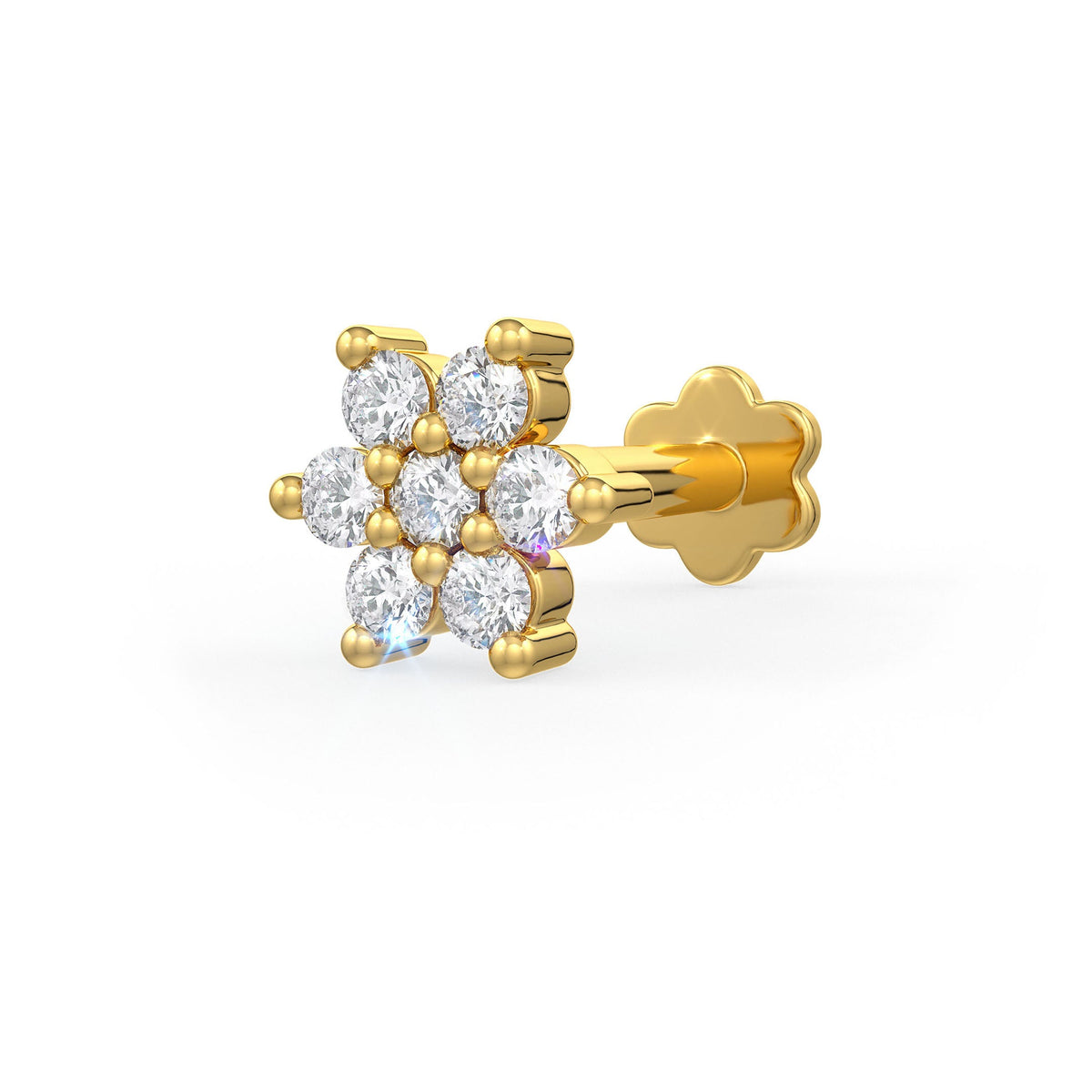 Yellow gold nose stud with clear gemstones on a white background