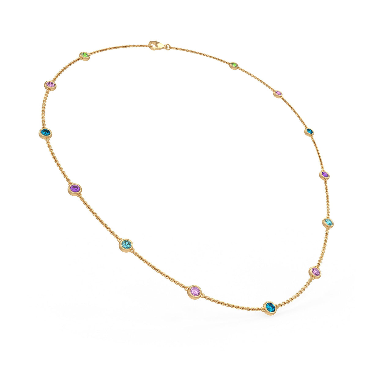 Fine jewellery necklace showcasing contrasting coloured gemstones