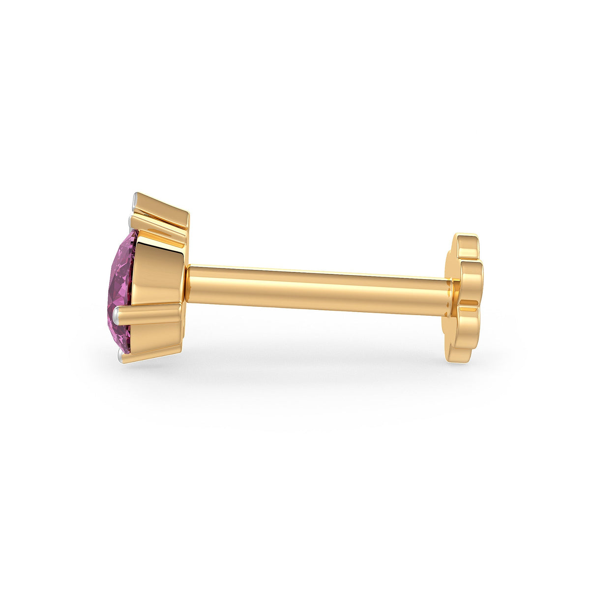 Delicate gold piercing stud with vibrant pink gemstones