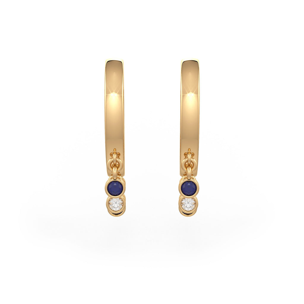 Yellow gold diamond hoops with sapphire drops