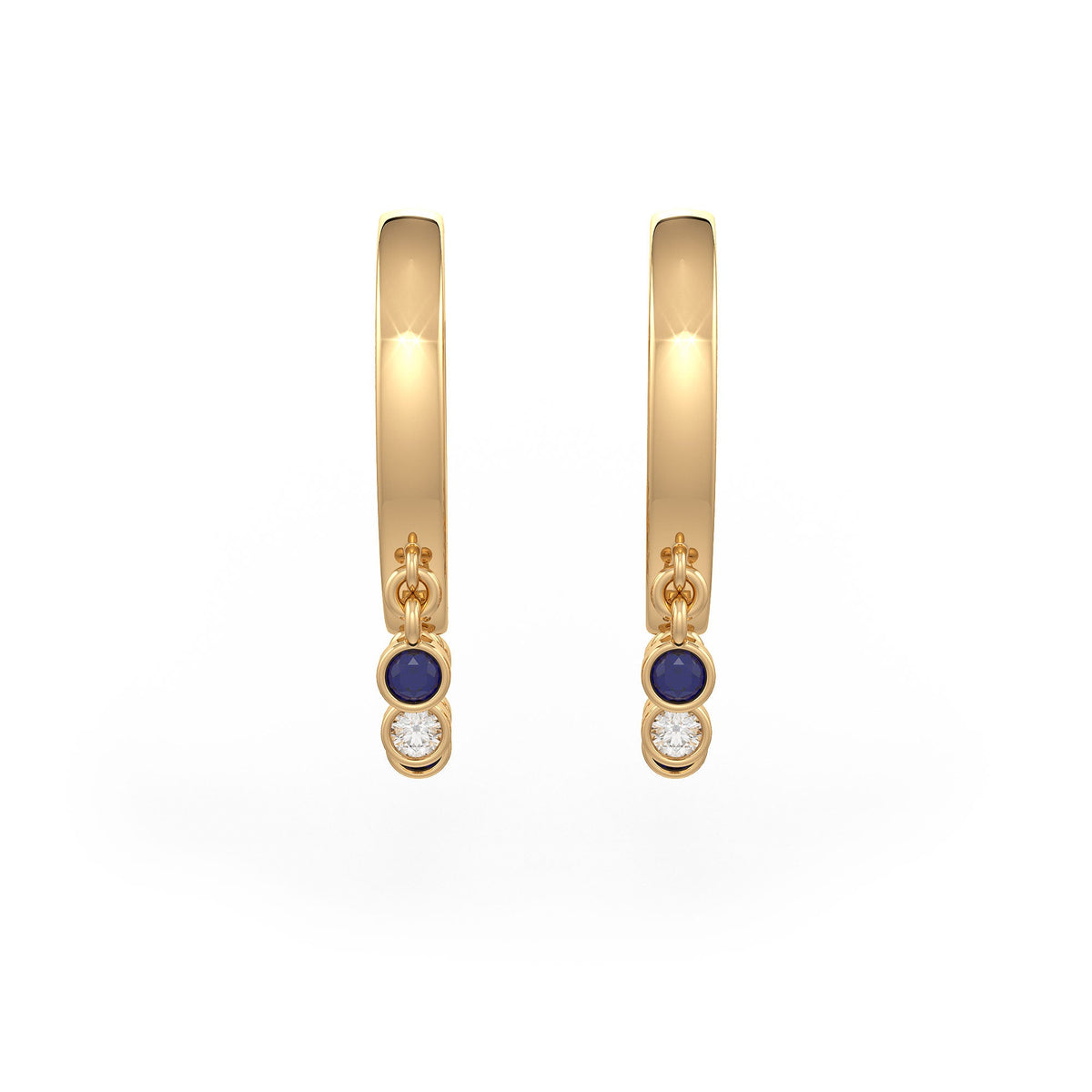 Yellow gold diamond hoops with sapphire drops