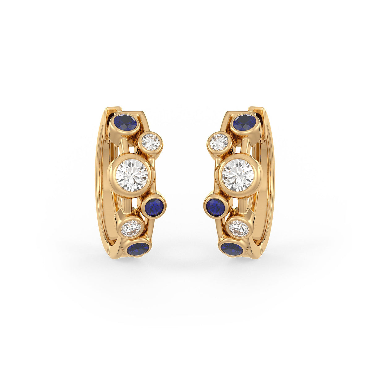 Gold hoop earrings with diamonds and blue stones on a white background