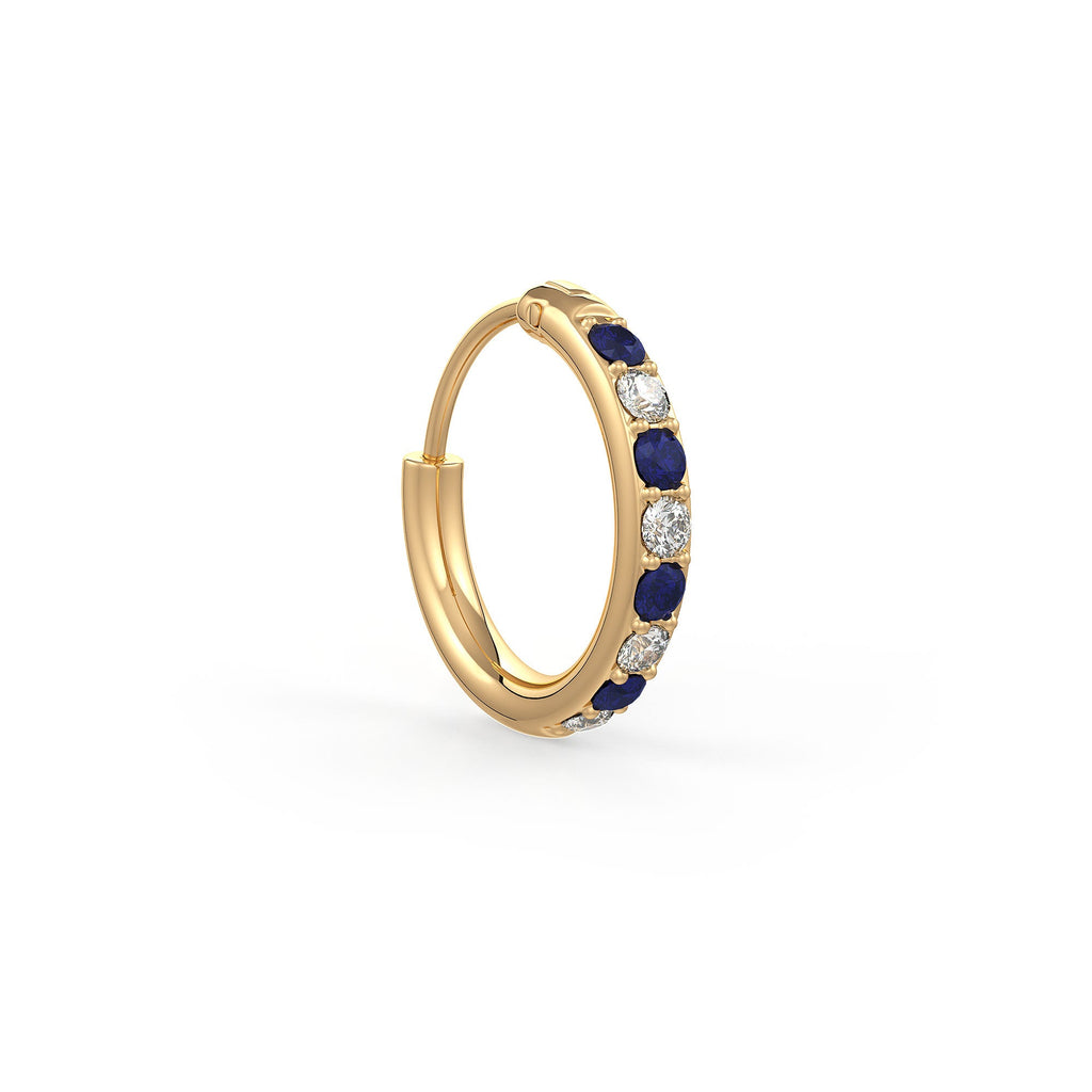 Beautiful skinny diamond sapphire nose hoop yellow gold