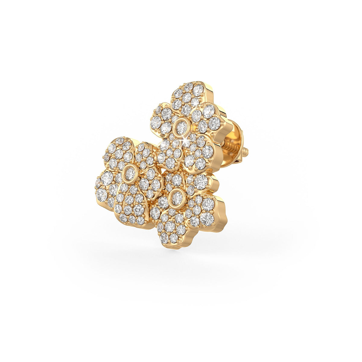 Gold earring with diamond accents on a white background