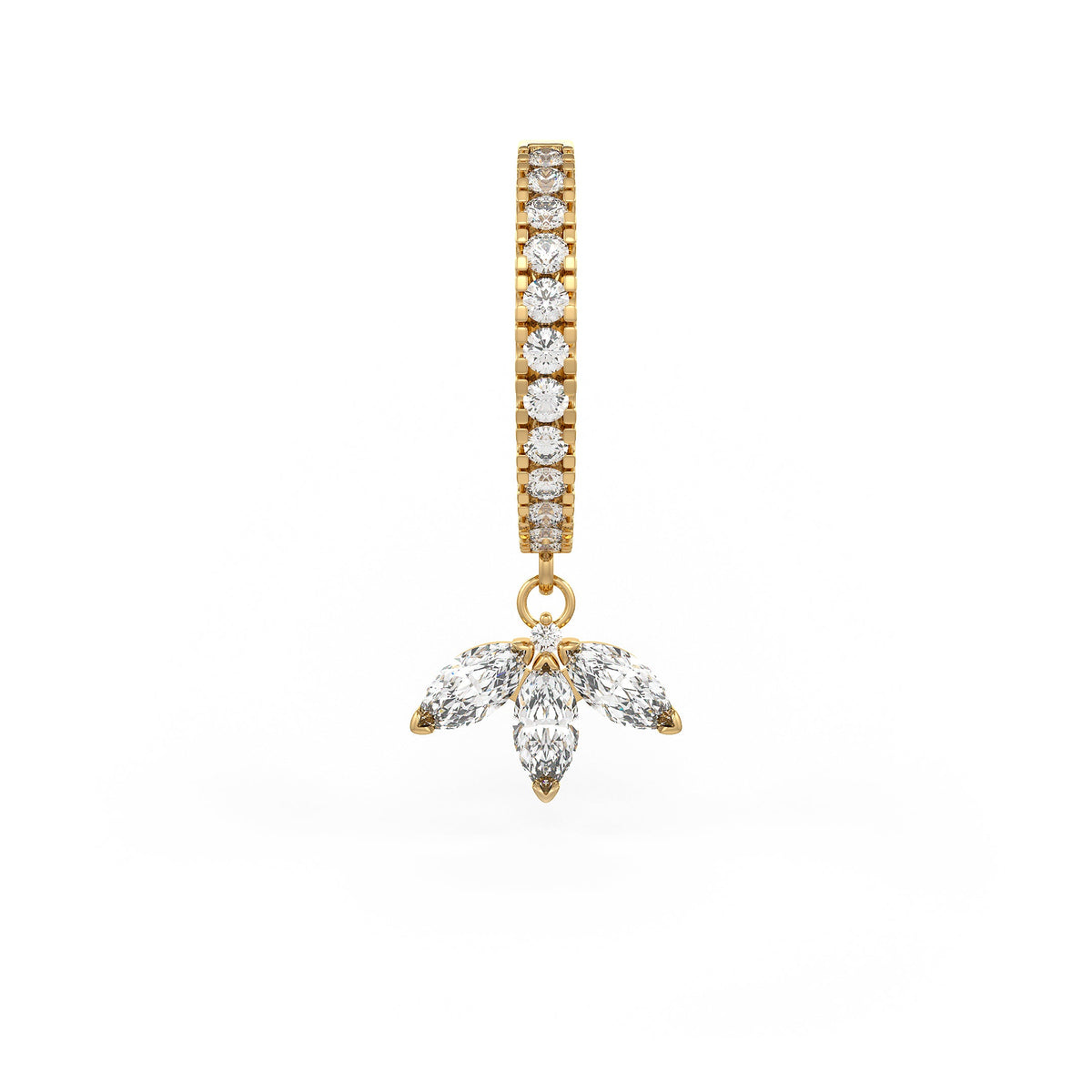 18ct Yellow Gold Diamond Eternity Hoop Single Earring with Marquise Lotus Charm Drop 0.46ct
