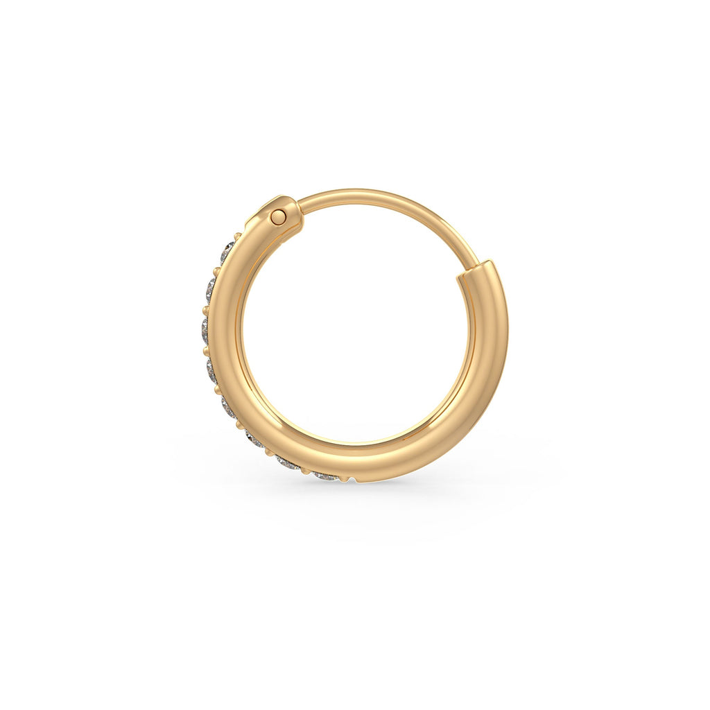 Side view skinny diamond nose ring yellow gold hoop