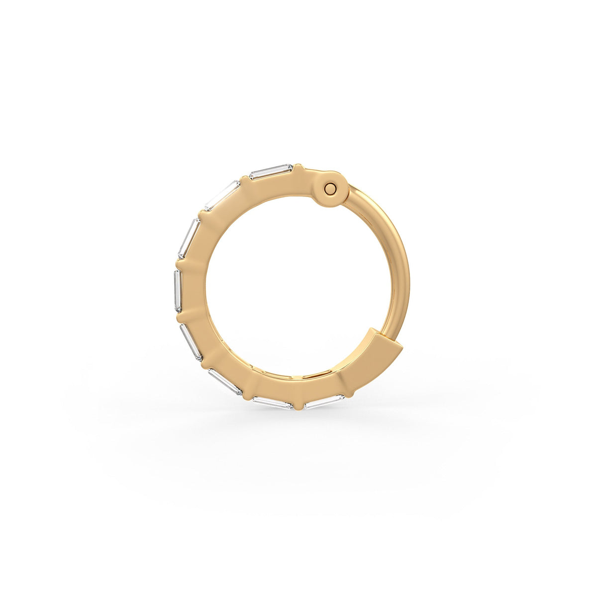 A gold huggie hoop earring with small rectangular clear stones set along the front edge, shown on a clean white background