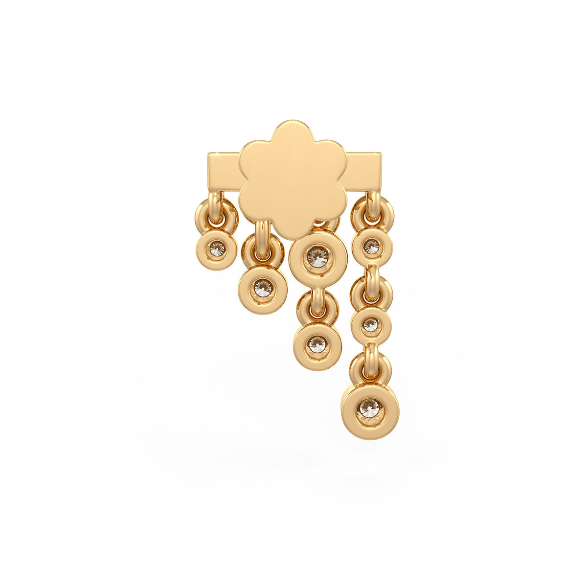 Gold earring with a floral design and dangling beads on a white background