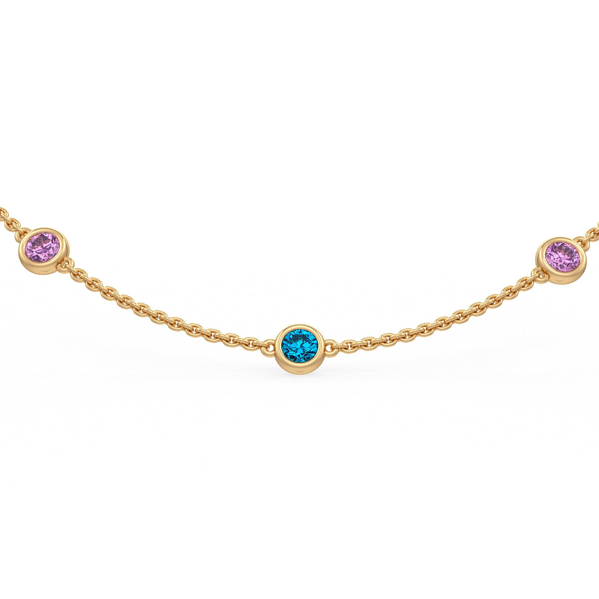 Close-up view of colourful gemstones set along a gold chain