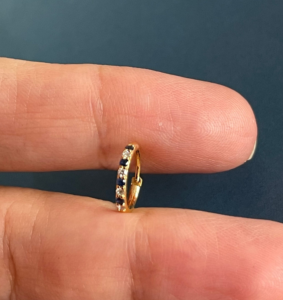 Skinny Diamond Sapphire Nose Hoop 18ct Yellow Gold Piercing Gemstone Ring