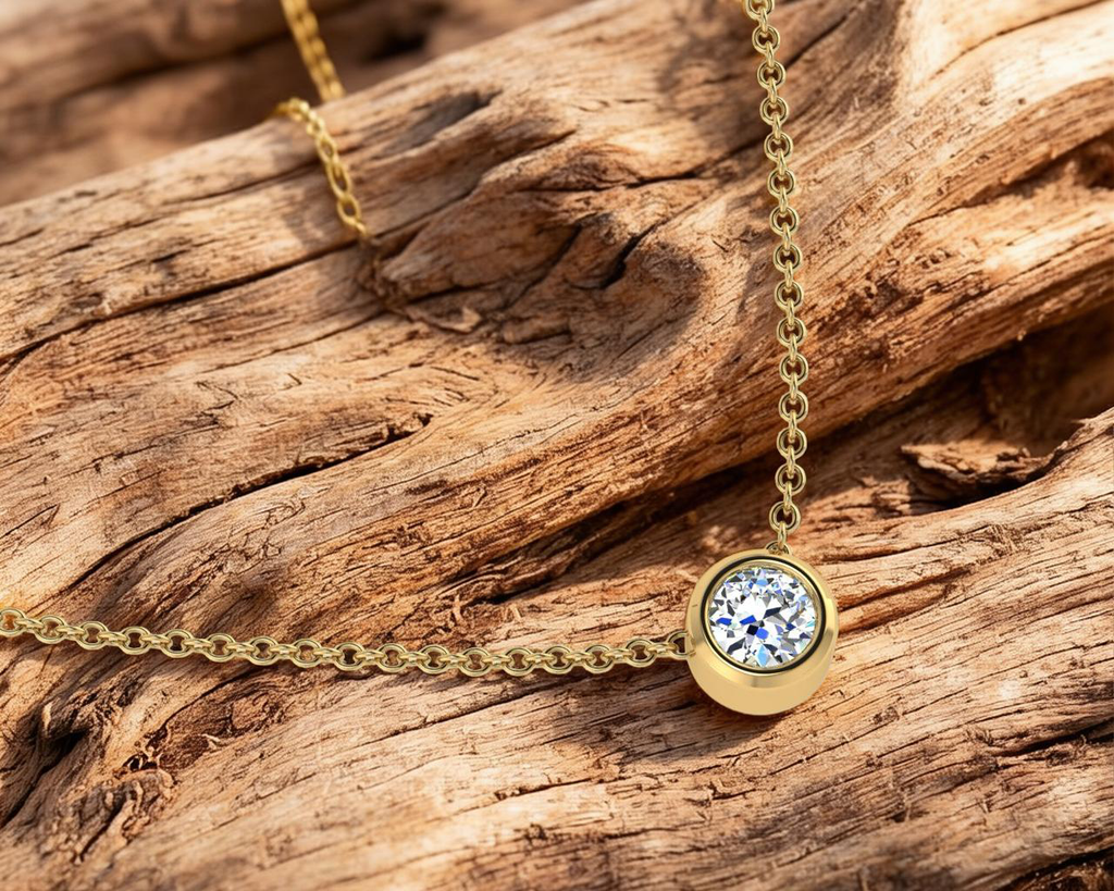 Gold necklace with a diamond pendant on a wooden surface