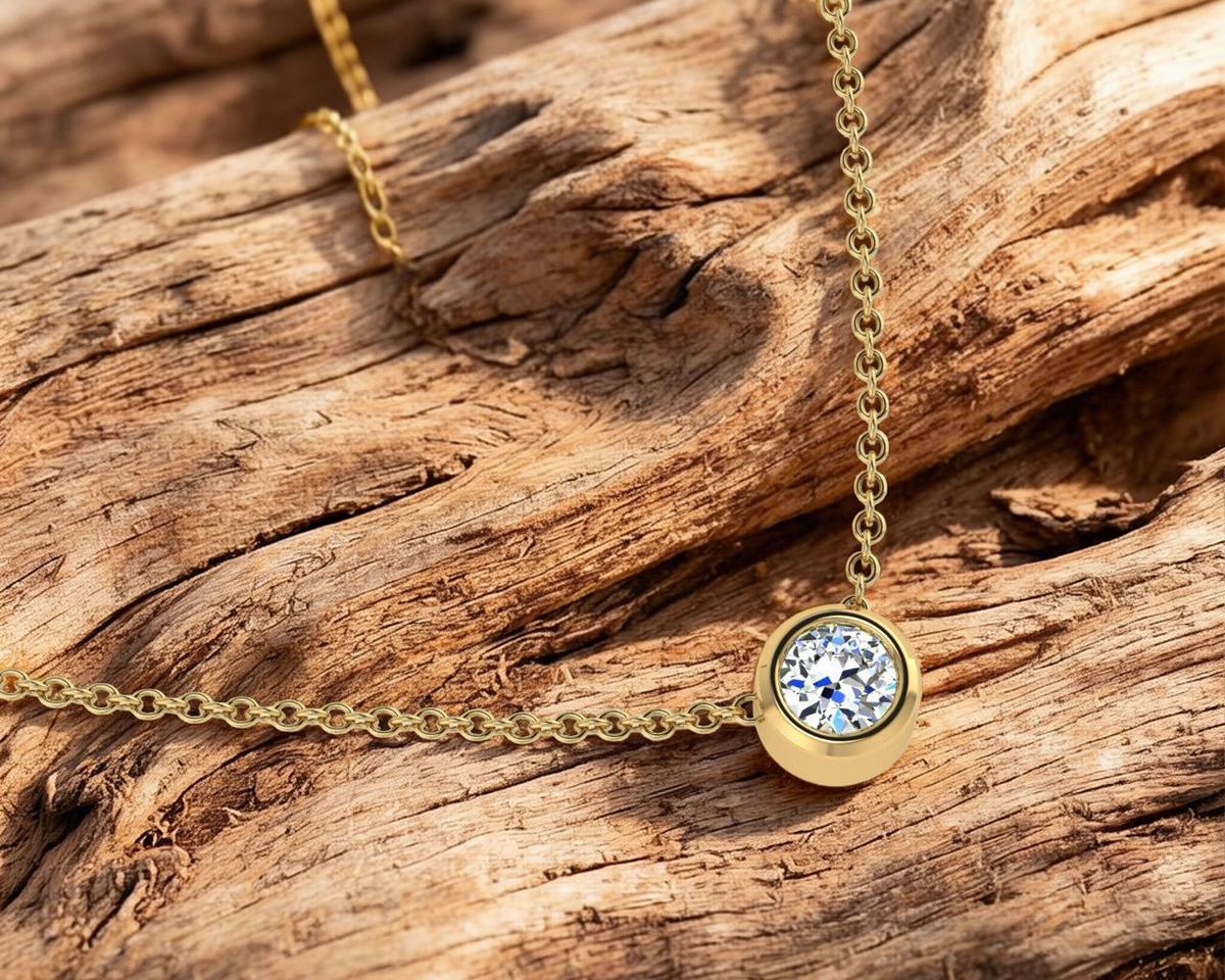 Gold necklace with a diamond pendant on a wooden surface