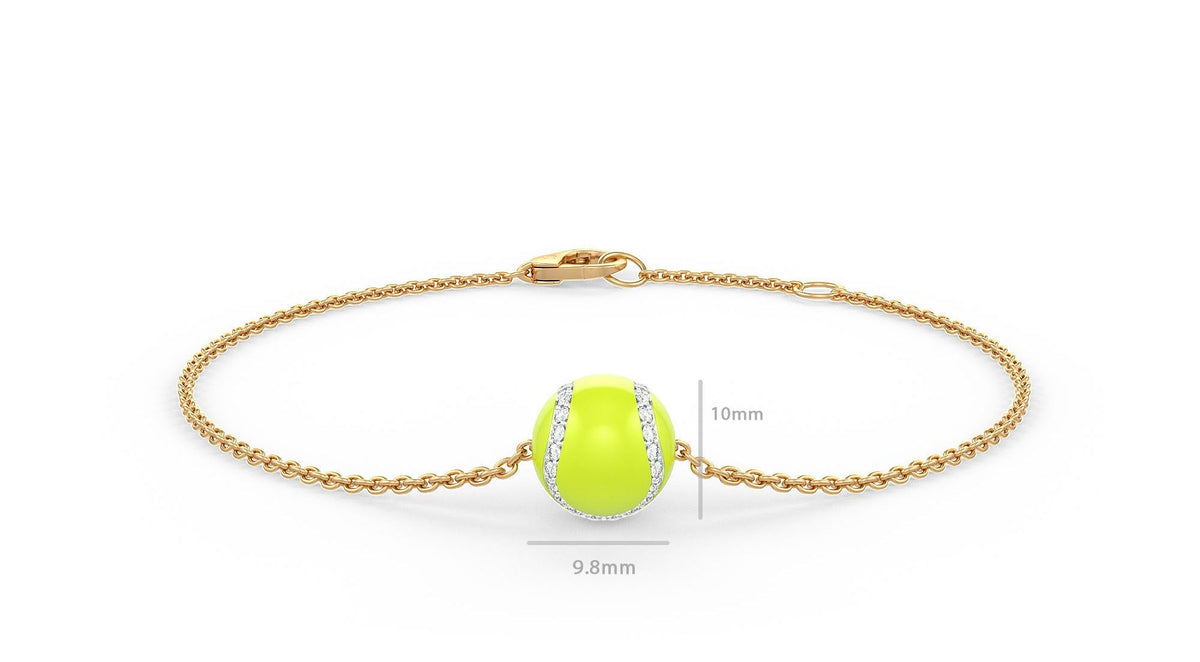 Fine yellow gold bracelet with detailed green enamel tennis balls
