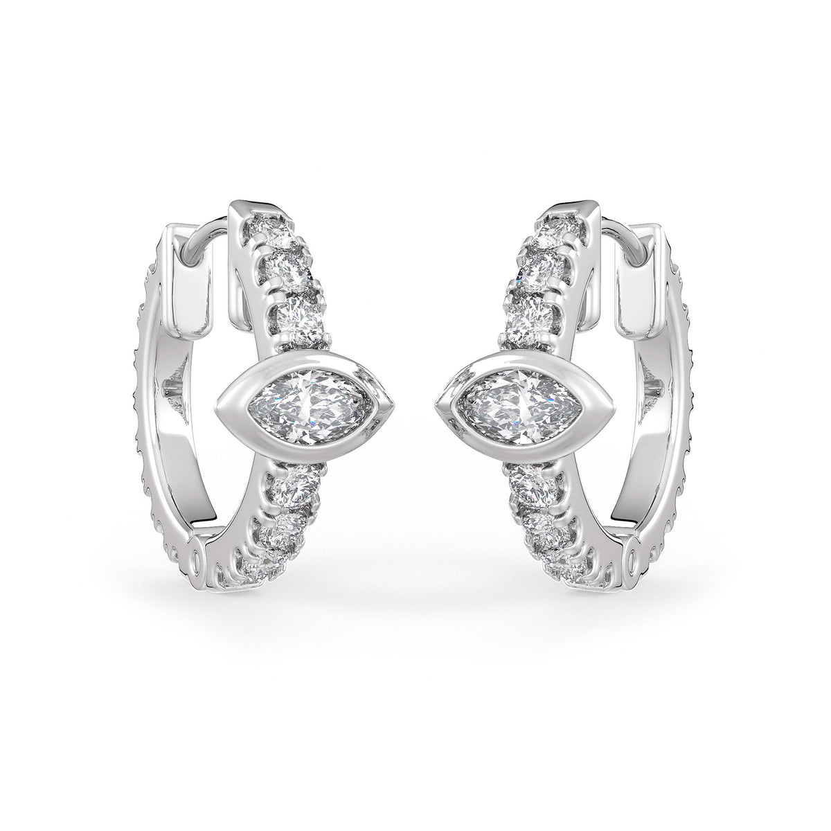 Pair of silver hoop earrings with clear gemstones on a white background