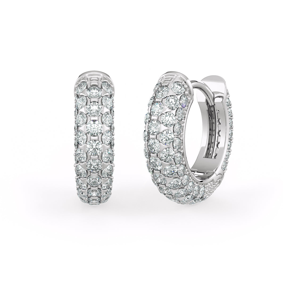  Coppia di orecchini a cerchio con 5 file di diamanti da 1,60 ct, con chiusura a scatto da 10 mm, in oro bianco 18 ct, con pavé di diamanti e cartilagine.
