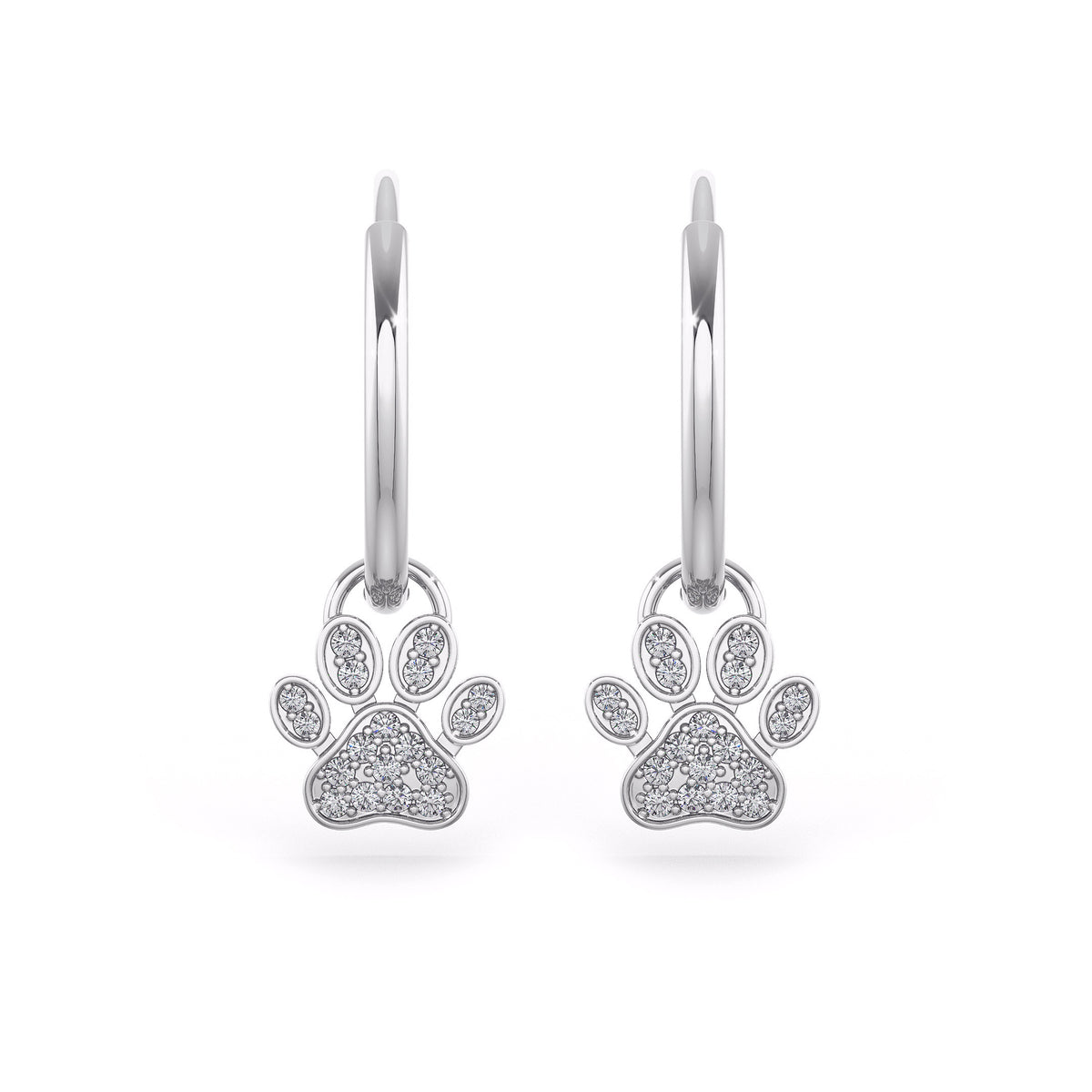 Diamond Paw Charm Hoop Earrings White Gold