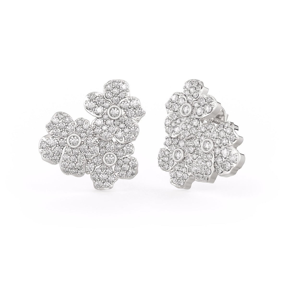 Delicate floral earrings designed with sparkling round diamonds