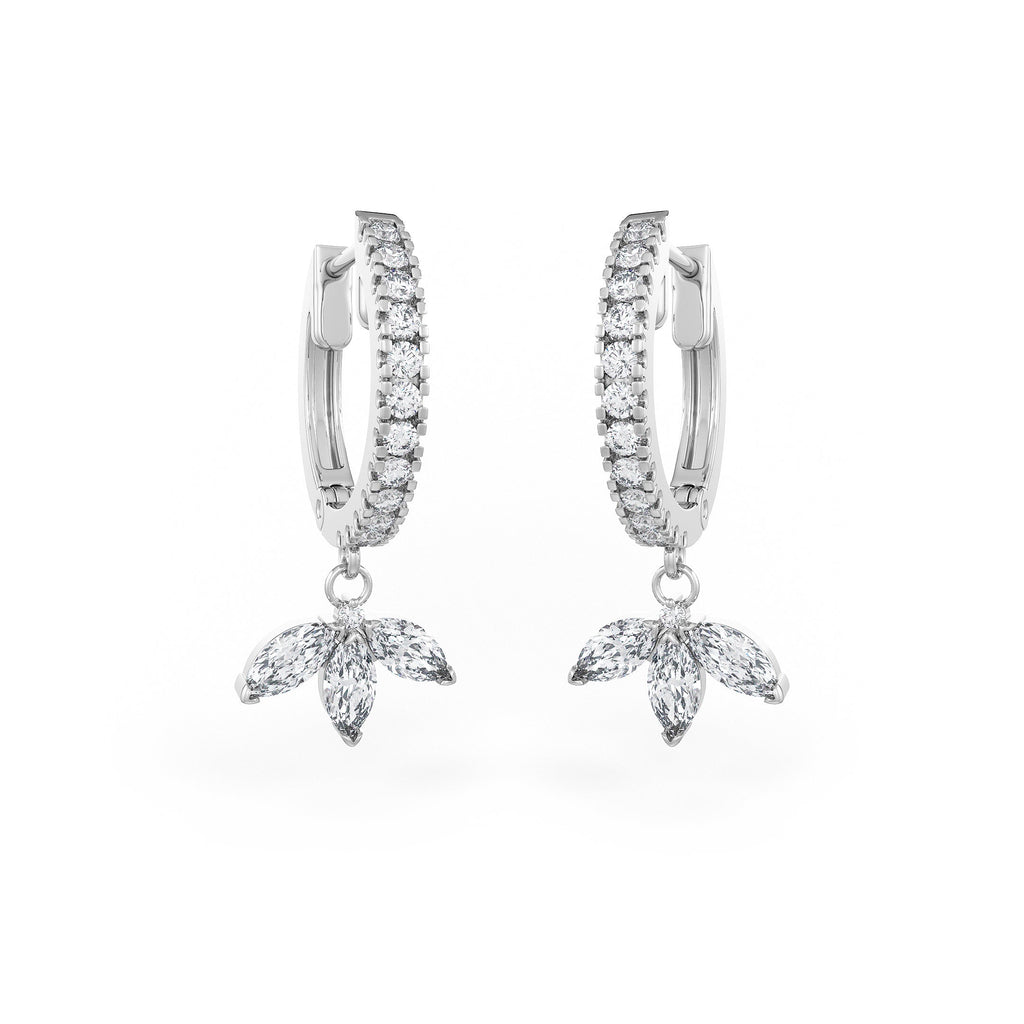 18ct White Gold Diamond Eternity Hoops Earrings with Marquise Lotus Charm Drop 0.92ct (full pair)