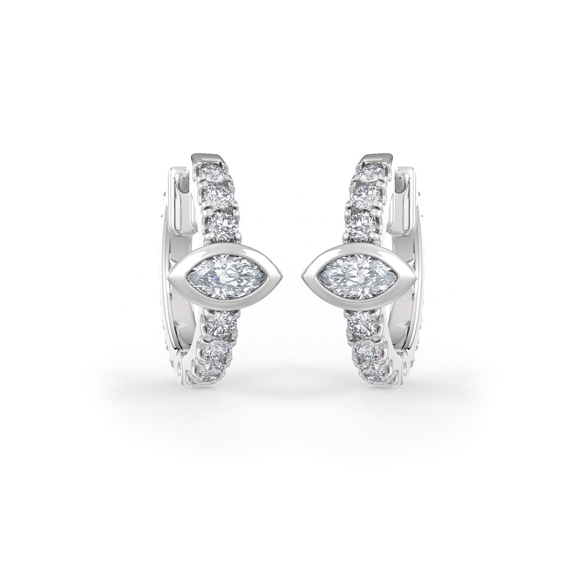 Pair of diamond hoop earrings on a white background